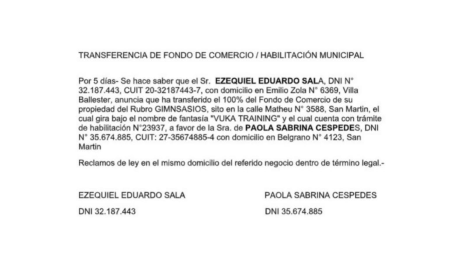 Edicto | Transferencia de fondo de comercio / habilitación municipal 